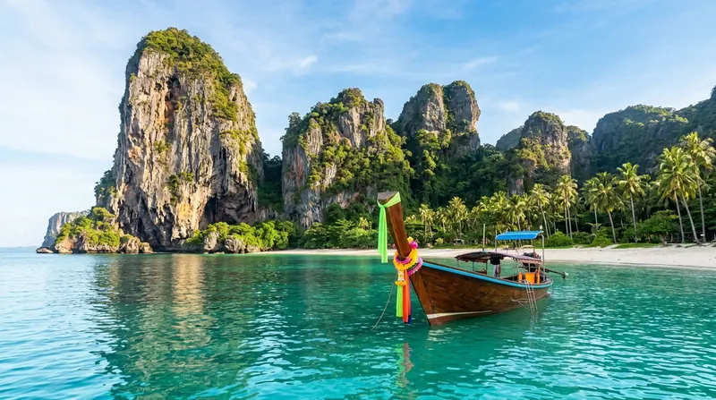 Longtail-Boot im türkisblauen Wasser vor Kalkfelsen und einem Palmenstrand bei Phuket